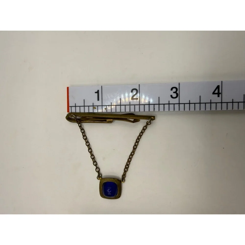 Vintage Brass Tie Bar Blue Cabochon Stone Dangling Chain Mens Accessory